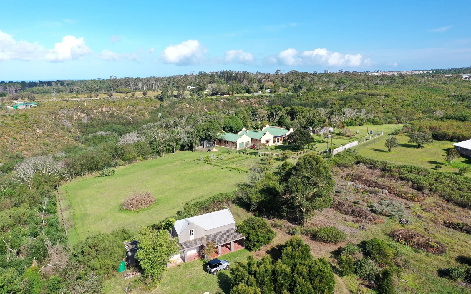 The smallholding seen from the air with the sea on the horizon: pasture, scattered bush and the farm buildings among trees.