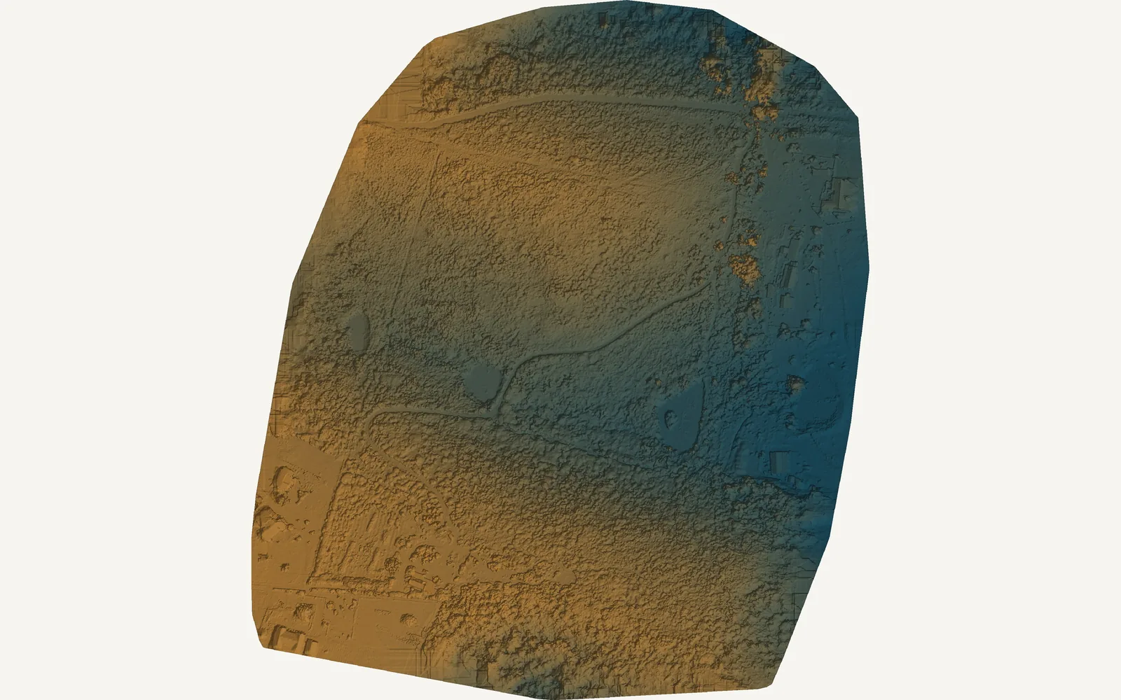 The surface model of the property, hillshaded and tinted from low ground to high, showing gullies, the road cutting and the fall of the land.